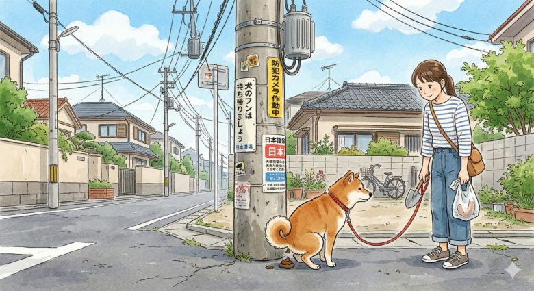 電柱付近で排泄する犬のイラスト